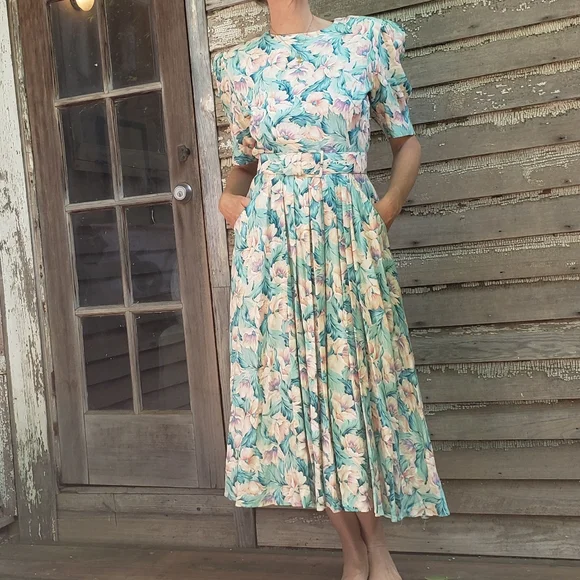 80s VTG Pastel Floral Garden Party Dress - Picture 3 of 12